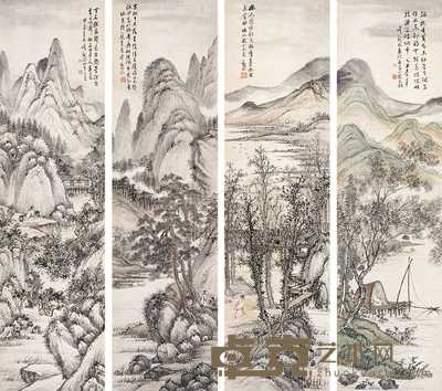 吴观岱 1924年、1925年作 四季山水 四屏 150×40.5cm×4